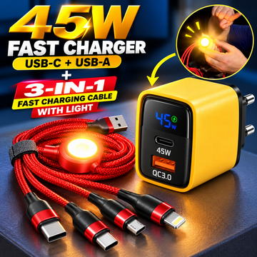 45W GaN Fast Charger with Digital Display + 3-in-1 LED Light Charging Cable