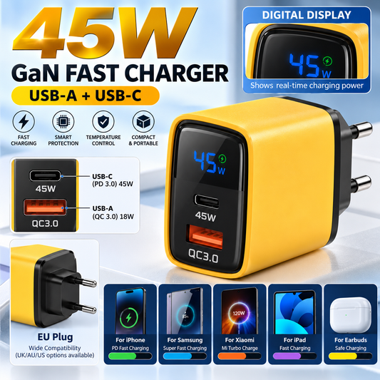 45W GaN Digital Display Dual Port Fast Charger Combo