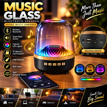 Premium Glass Bluetooth Speaker with Colorful LED Lights & Deep Bass