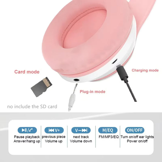Cat Ear Bluetooth Headphones with RGB Lighting & TF Card Support